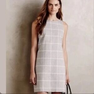 Paper Crown Anthropologie Gray Windowpane Shift Dress Sleeveless L Wool Blend